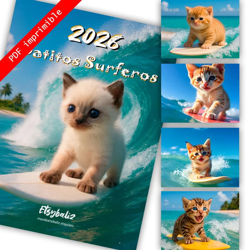 Surfer Kittens Calendar 2026 | SPANISH | DOWNLOADABLE PDF | Printable digital calendar with cat theme