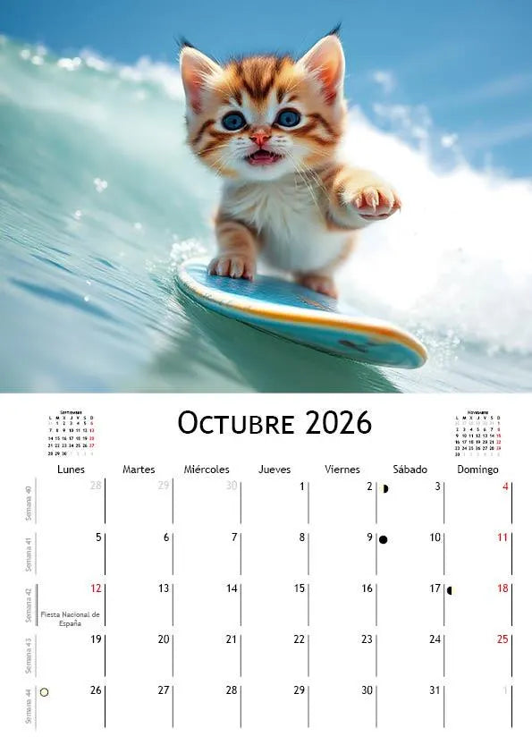 Surfer Kittens Calendar 2026 | SPANISH | DOWNLOADABLE PDF | Printable digital calendar with cat theme