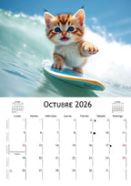 Surfer Kittens Calendar 2026 | SPANISH | DOWNLOADABLE PDF | Printable digital calendar with cat theme