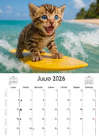 Surfer Kittens Calendar 2026 | SPANISH | DOWNLOADABLE PDF | Printable digital calendar with cat theme