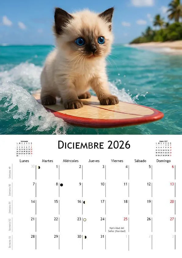Surfer Kittens Calendar 2026 | SPANISH | DOWNLOADABLE PDF | Printable digital calendar with cat theme