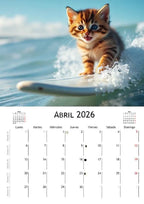 Surfer Kittens Calendar 2026 | SPANISH | DOWNLOADABLE PDF | Printable digital calendar with cat theme