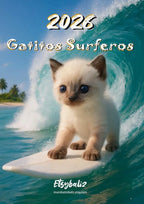 Surfer Kittens Calendar 2026 | SPANISH | DOWNLOADABLE PDF | Printable digital calendar with cat theme