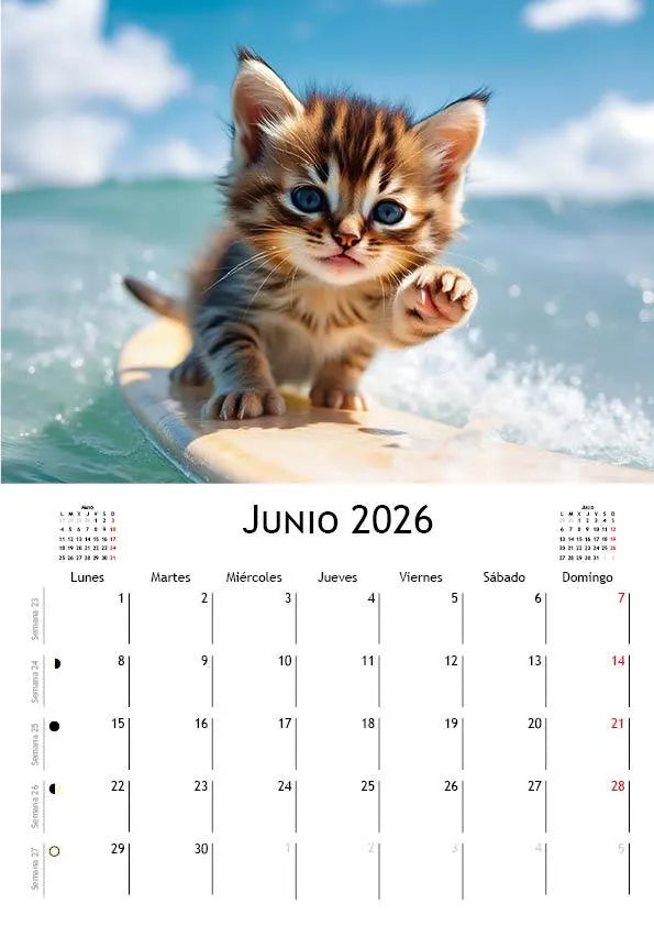 Surfer Kittens Calendar 2026 | SPANISH | DOWNLOADABLE PDF | Printable digital calendar with cat theme