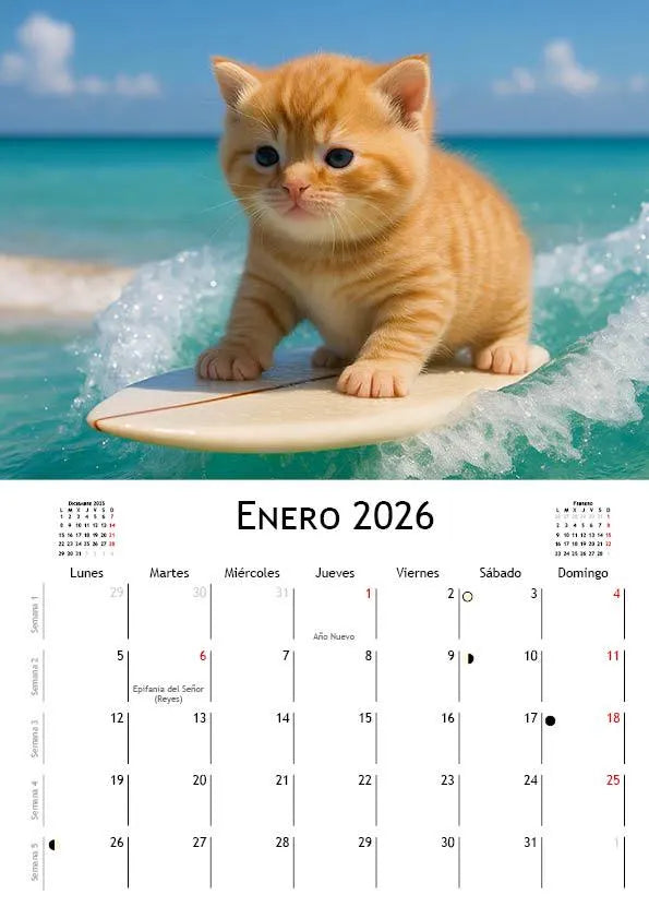 Surfer Kittens Calendar 2026 | SPANISH | DOWNLOADABLE PDF | Printable digital calendar with cat theme
