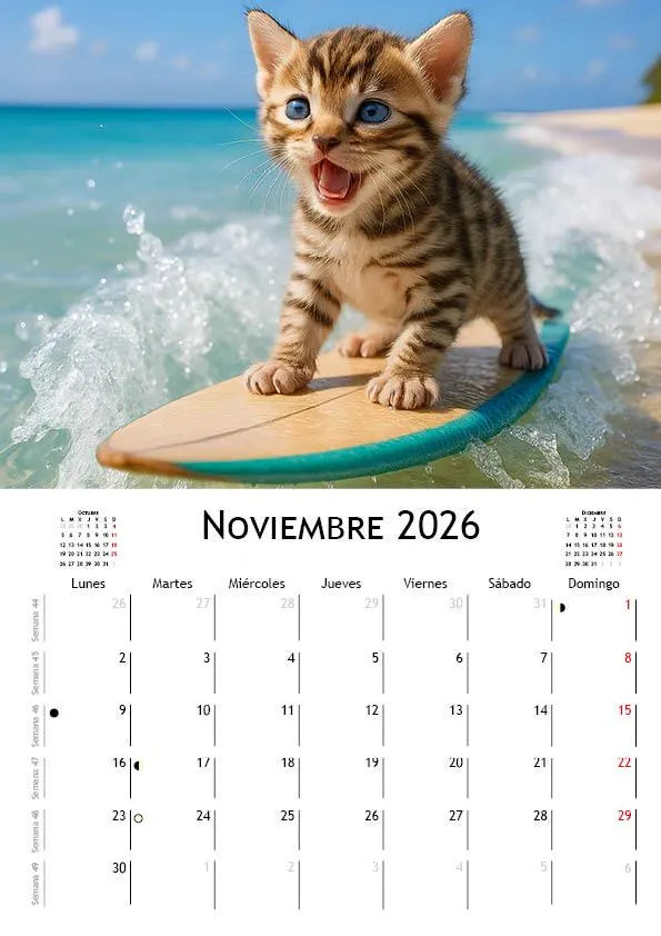 Surfer Kittens Calendar 2026 | SPANISH | DOWNLOADABLE PDF | Printable digital calendar with cat theme