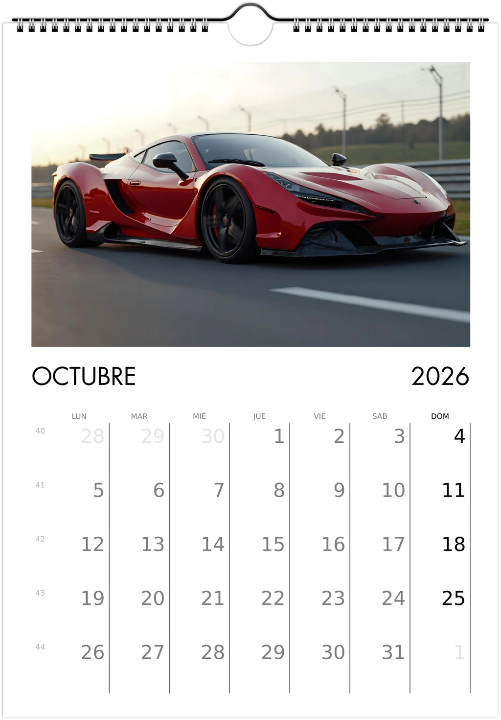 2026 Calendar | SPANISH | Sports and Futuristic Vehicles Race Car