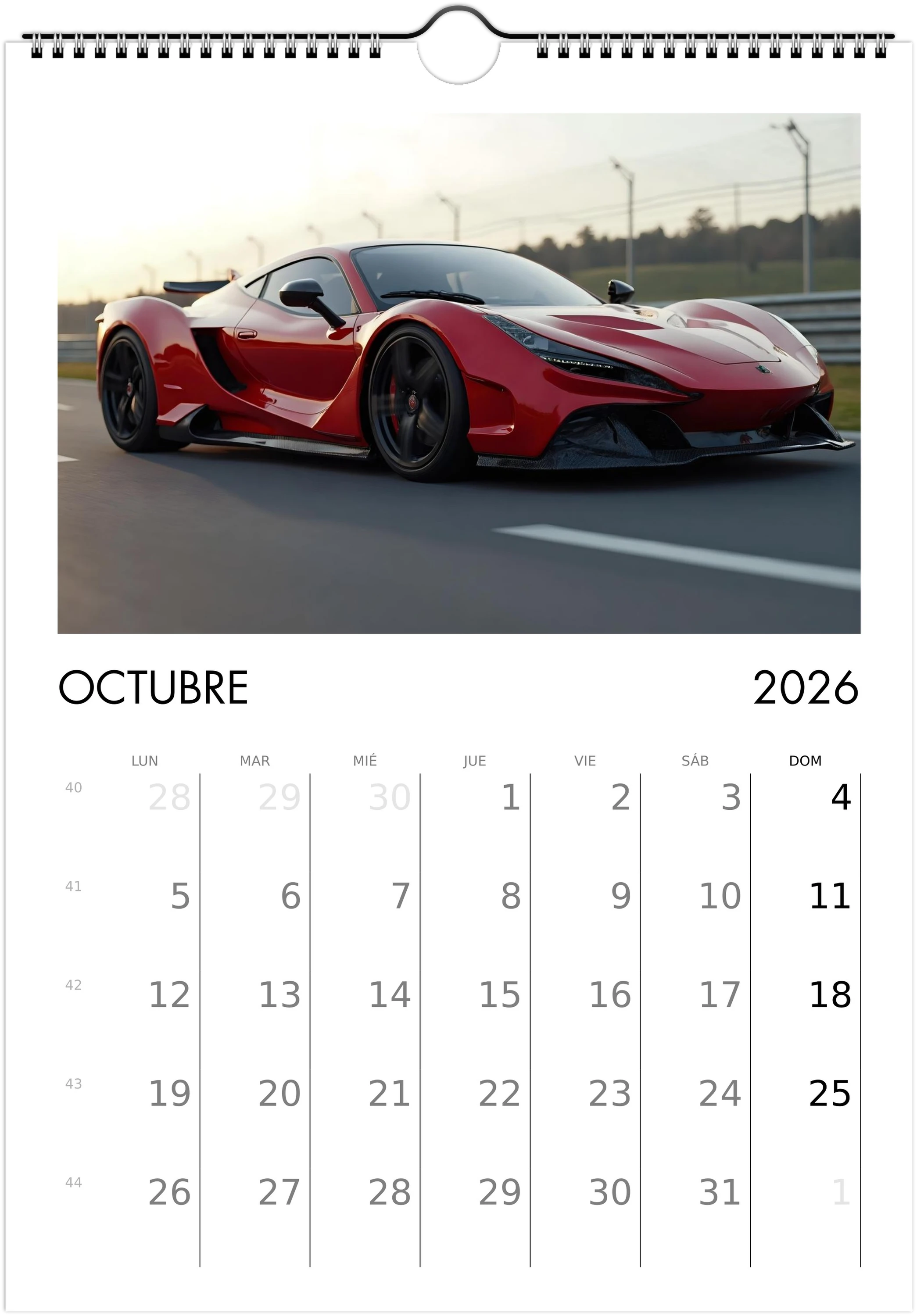 2026 Calendar | SPANISH | Sports and Futuristic Vehicles Race Car