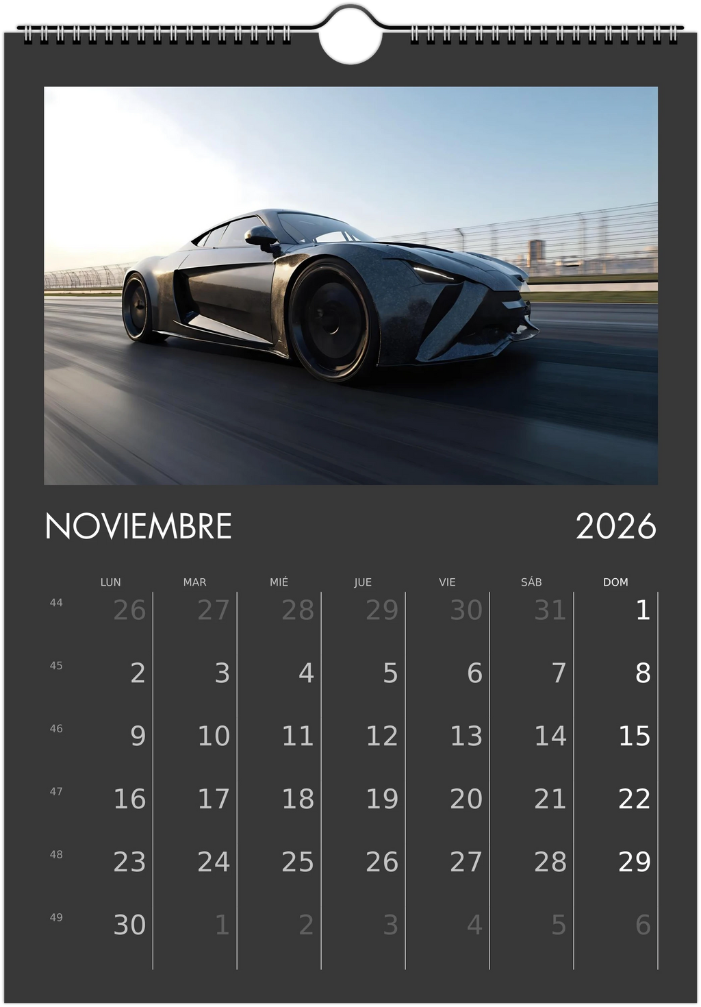 2026 Calendar | SPANISH | Sports and Futuristic Vehicles Race Car