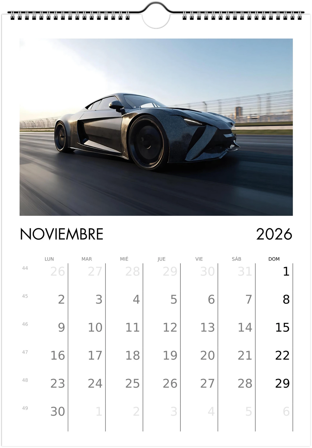 2026 Calendar | SPANISH | Sports and Futuristic Vehicles Race Car
