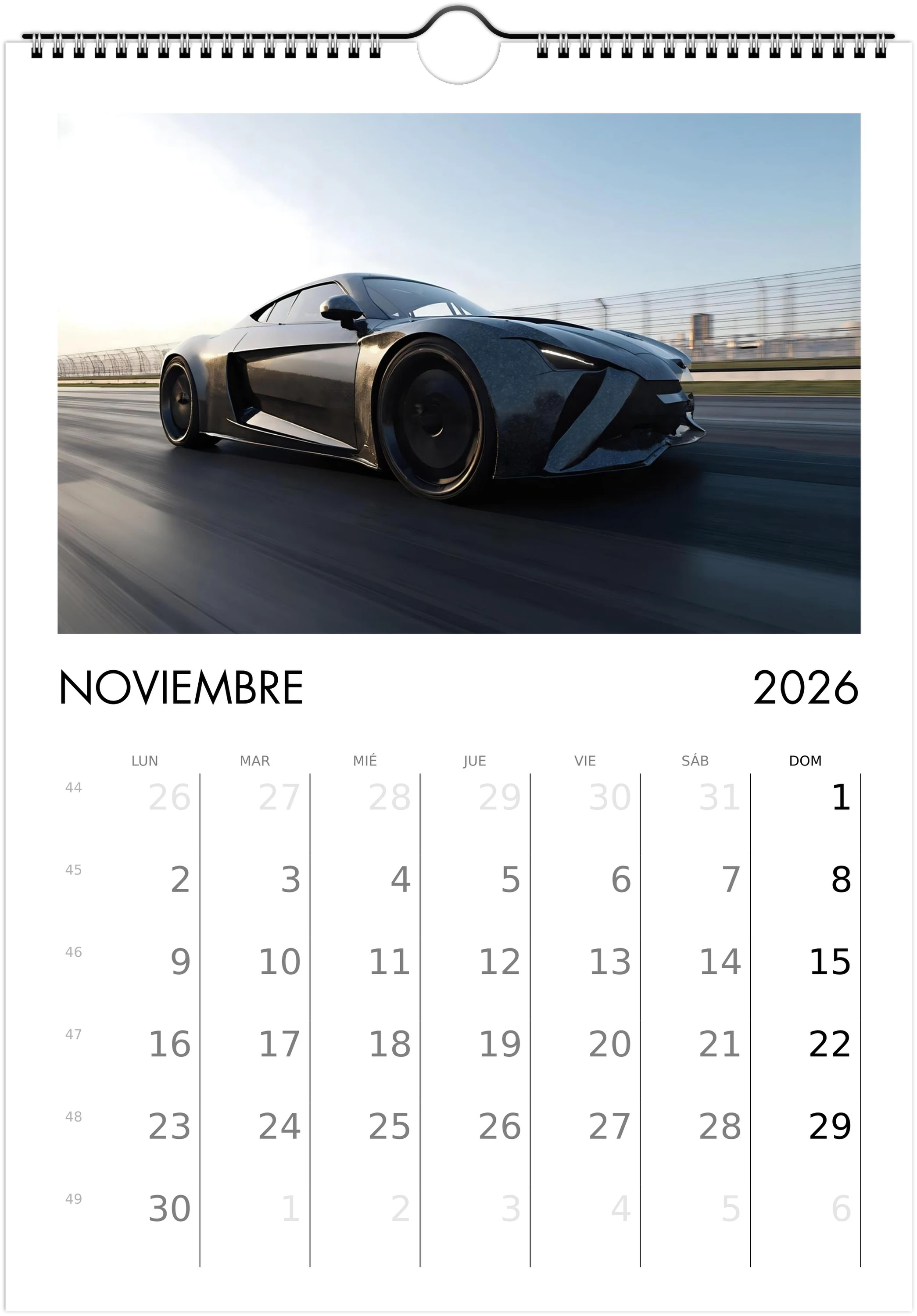2026 Calendar | SPANISH | Sports and Futuristic Vehicles Race Car
