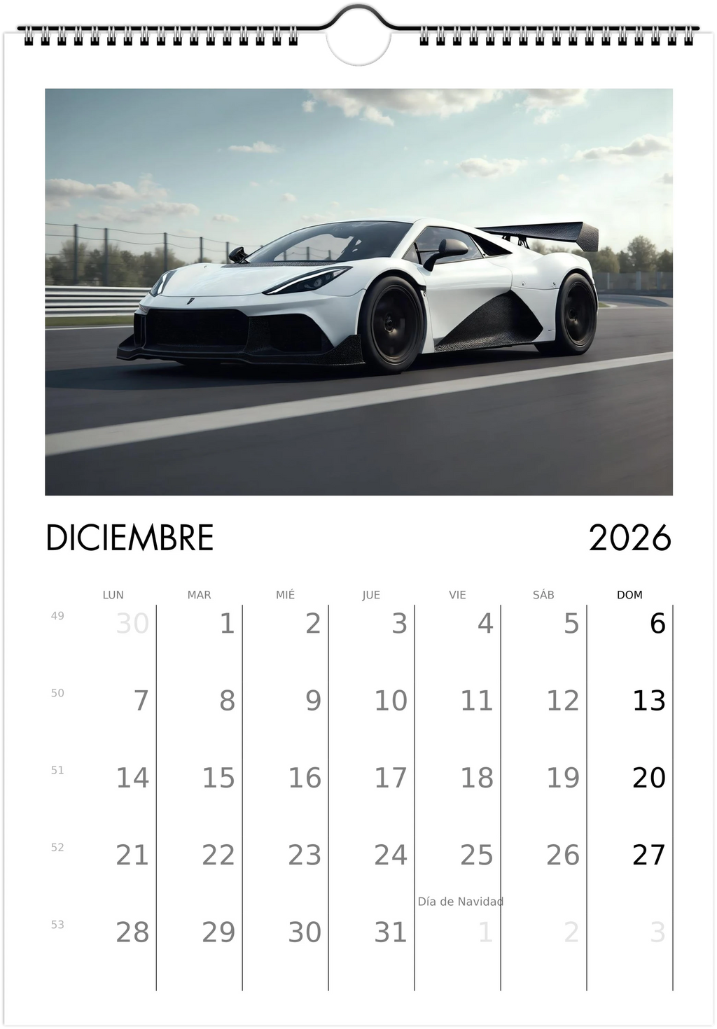 2026 Calendar | SPANISH | Sports and Futuristic Vehicles Race Car