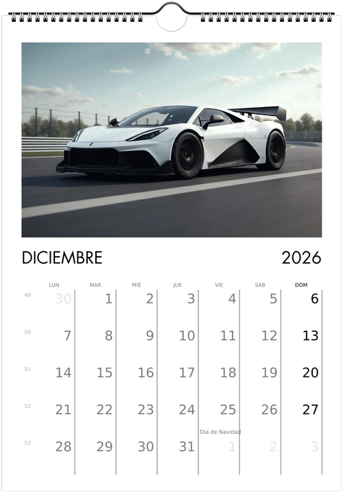 2026 Calendar | SPANISH | Sports and Futuristic Vehicles Race Car