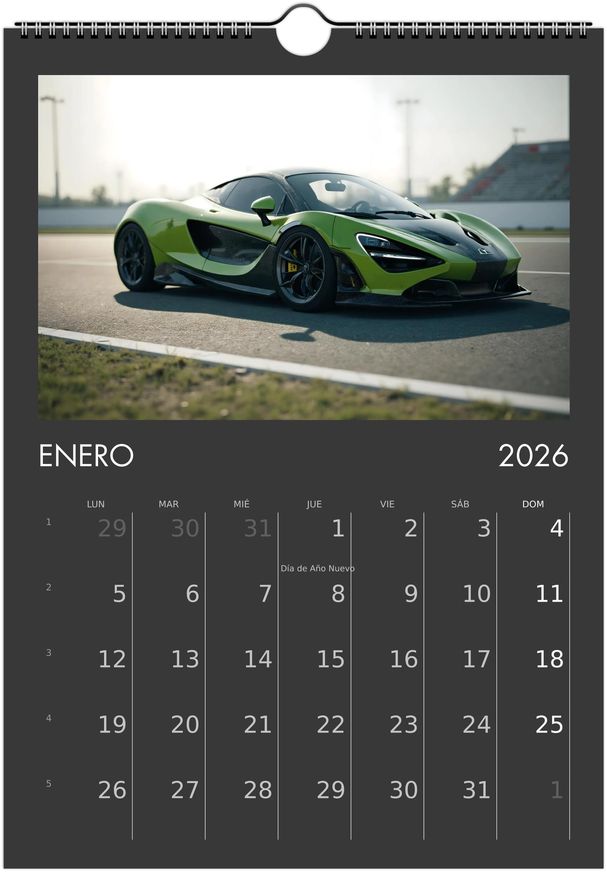 2026 Calendar | SPANISH | Sports and Futuristic Vehicles Race Car