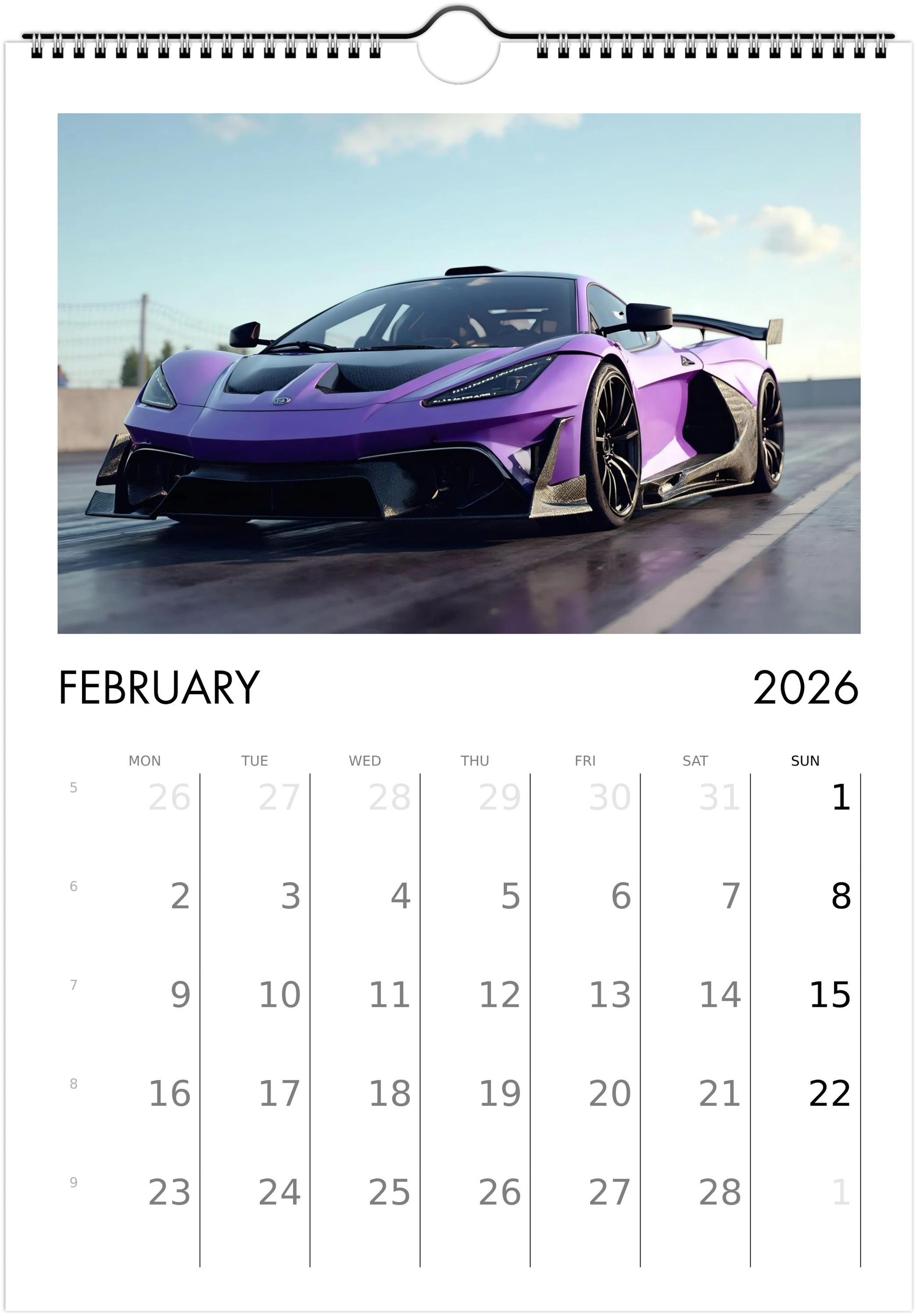 2026 Calendar | ENGLISH | Ultra Racing Sports Cars. Futuristic Sports Vehicles Racing Car for Speed Lovers