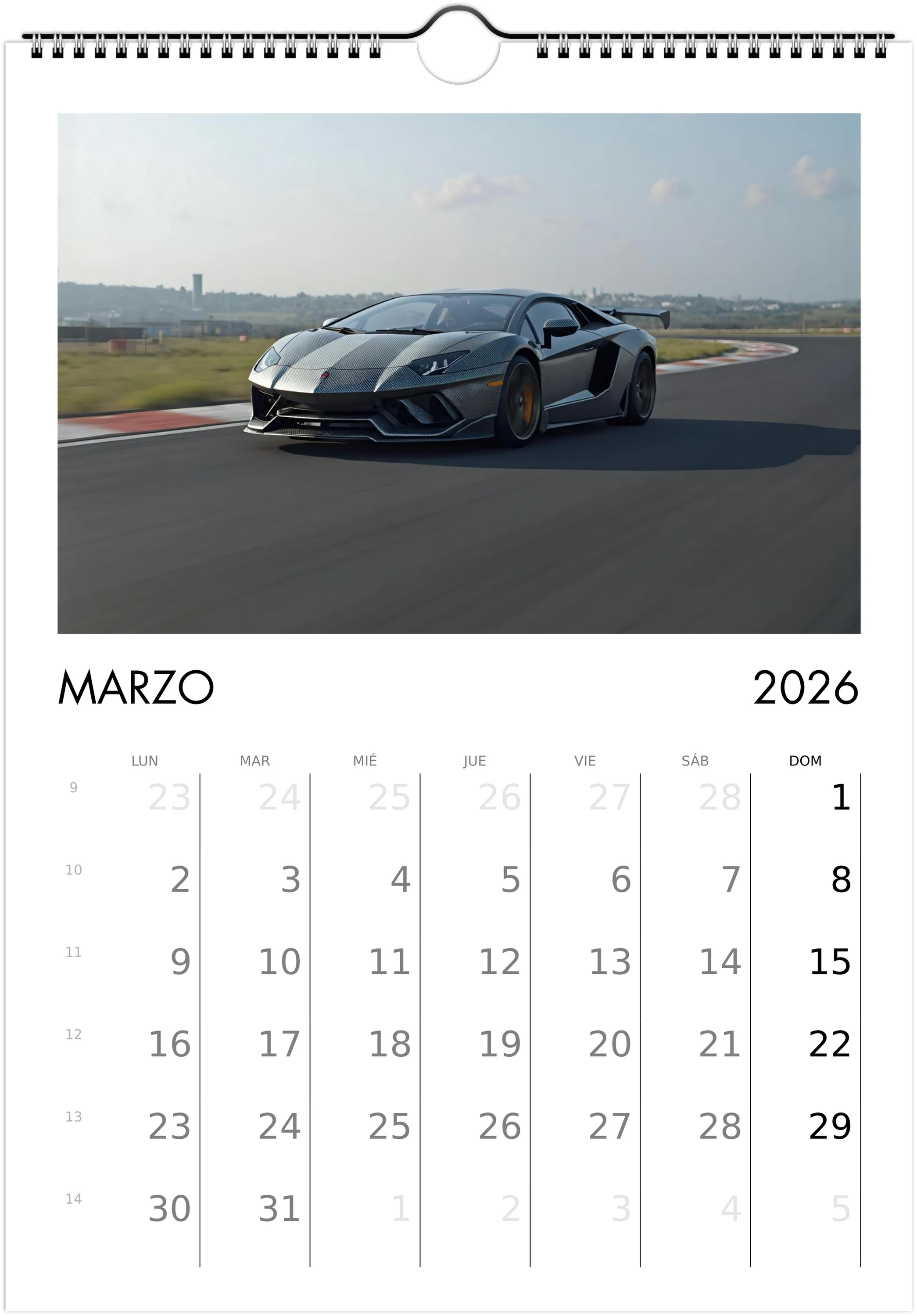 2026 Calendar | SPANISH | Sports and Futuristic Vehicles Race Car