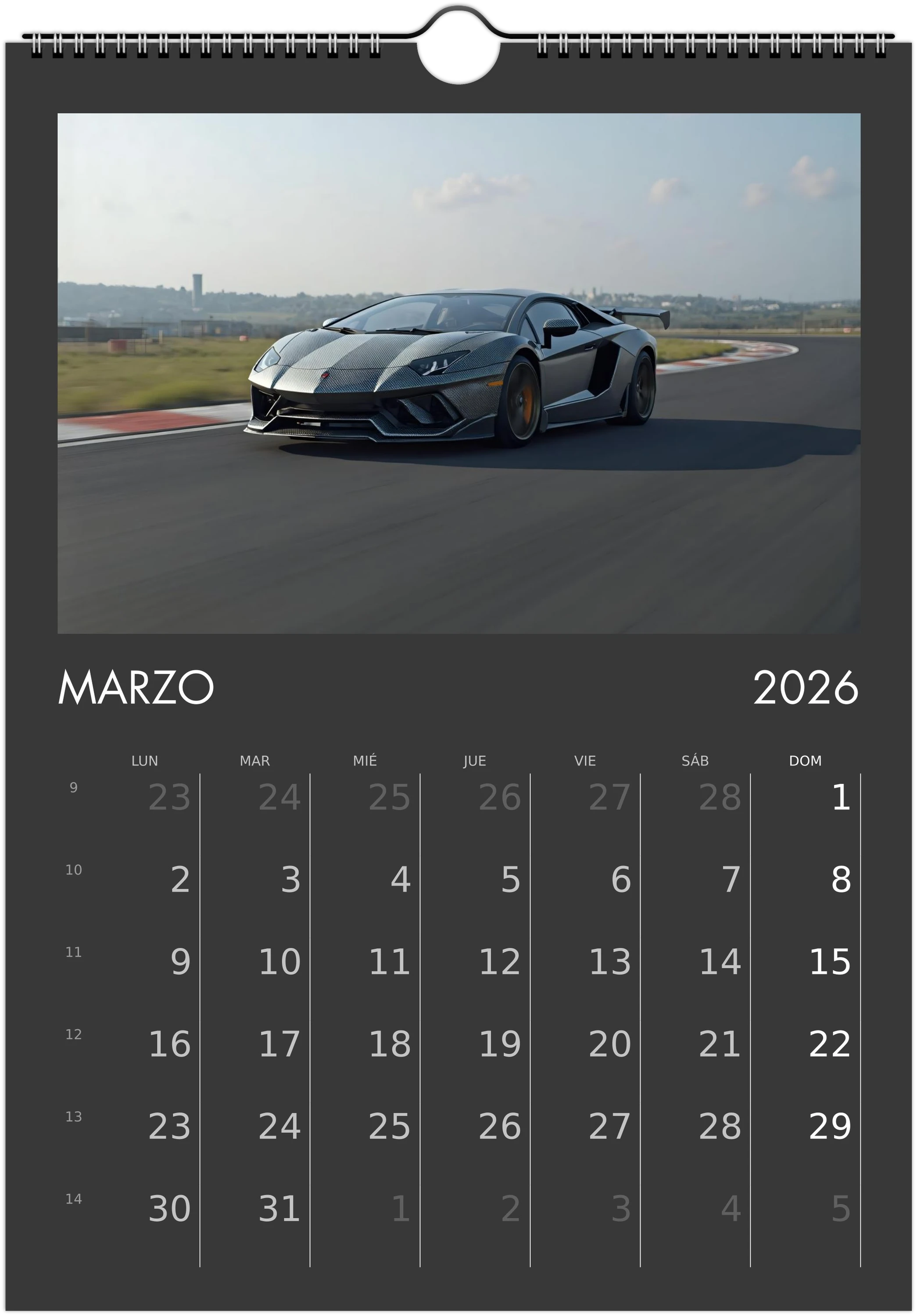 2026 Calendar | SPANISH | Sports and Futuristic Vehicles Race Car