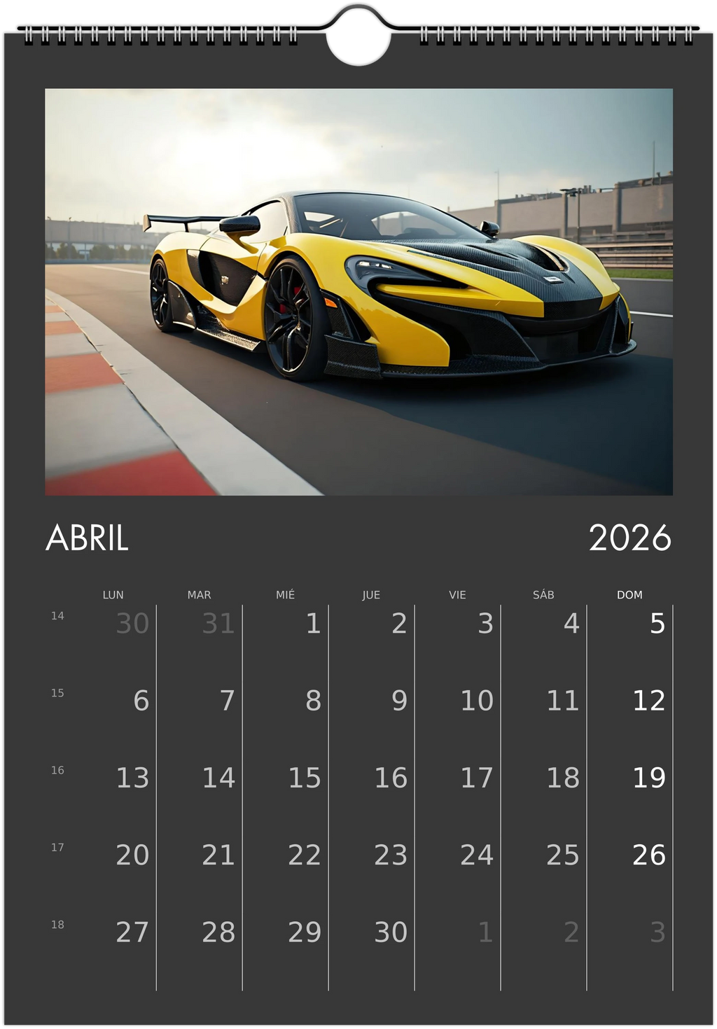 2026 Calendar | SPANISH | Sports and Futuristic Vehicles Race Car