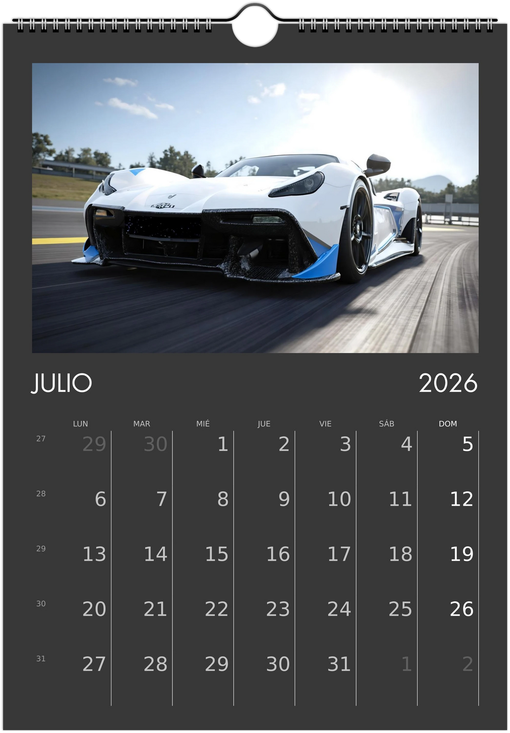 2026 Calendar | SPANISH | Sports and Futuristic Vehicles Race Car