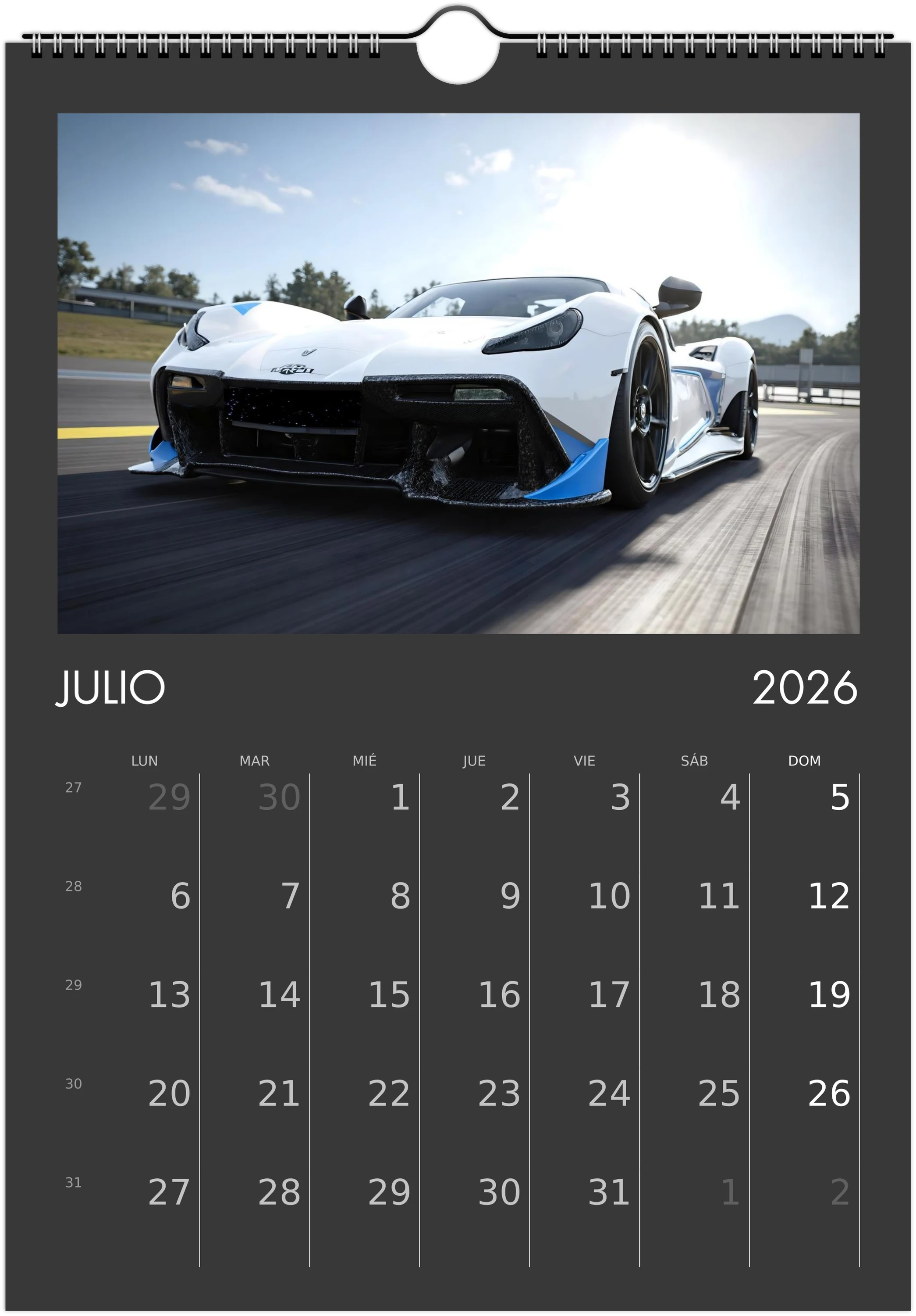 2026 Calendar | SPANISH | Sports and Futuristic Vehicles Race Car