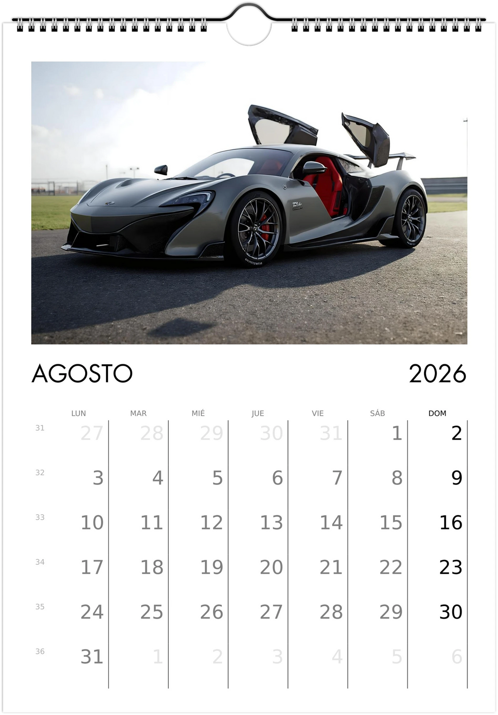 2026 Calendar | SPANISH | Sports and Futuristic Vehicles Race Car