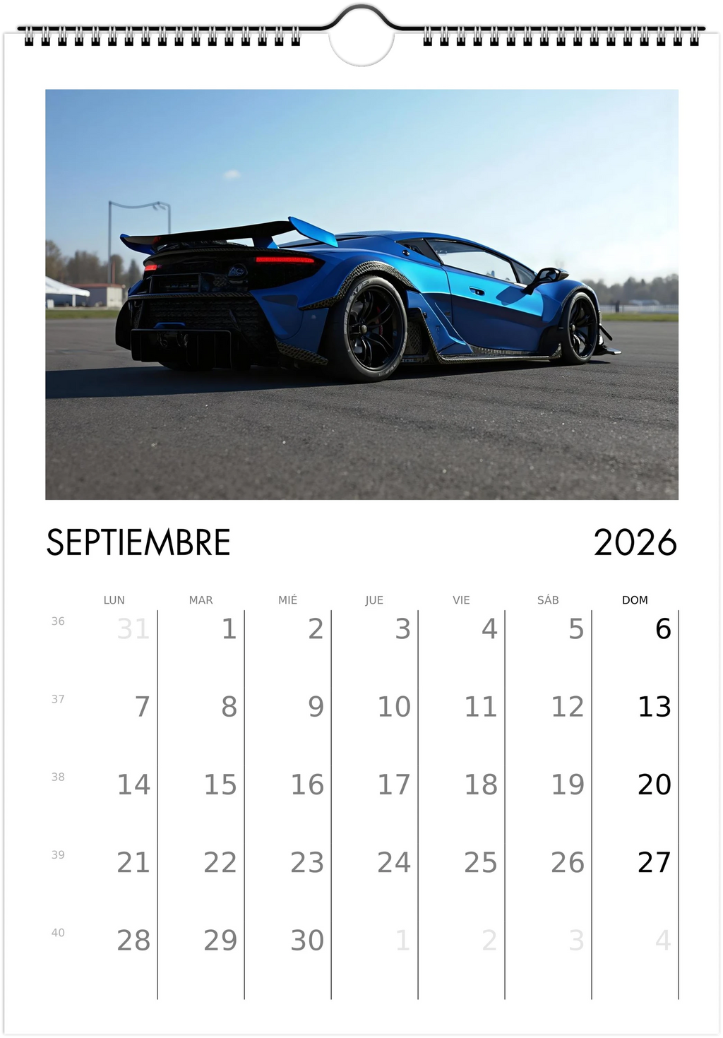 2026 Calendar | SPANISH | Sports and Futuristic Vehicles Race Car