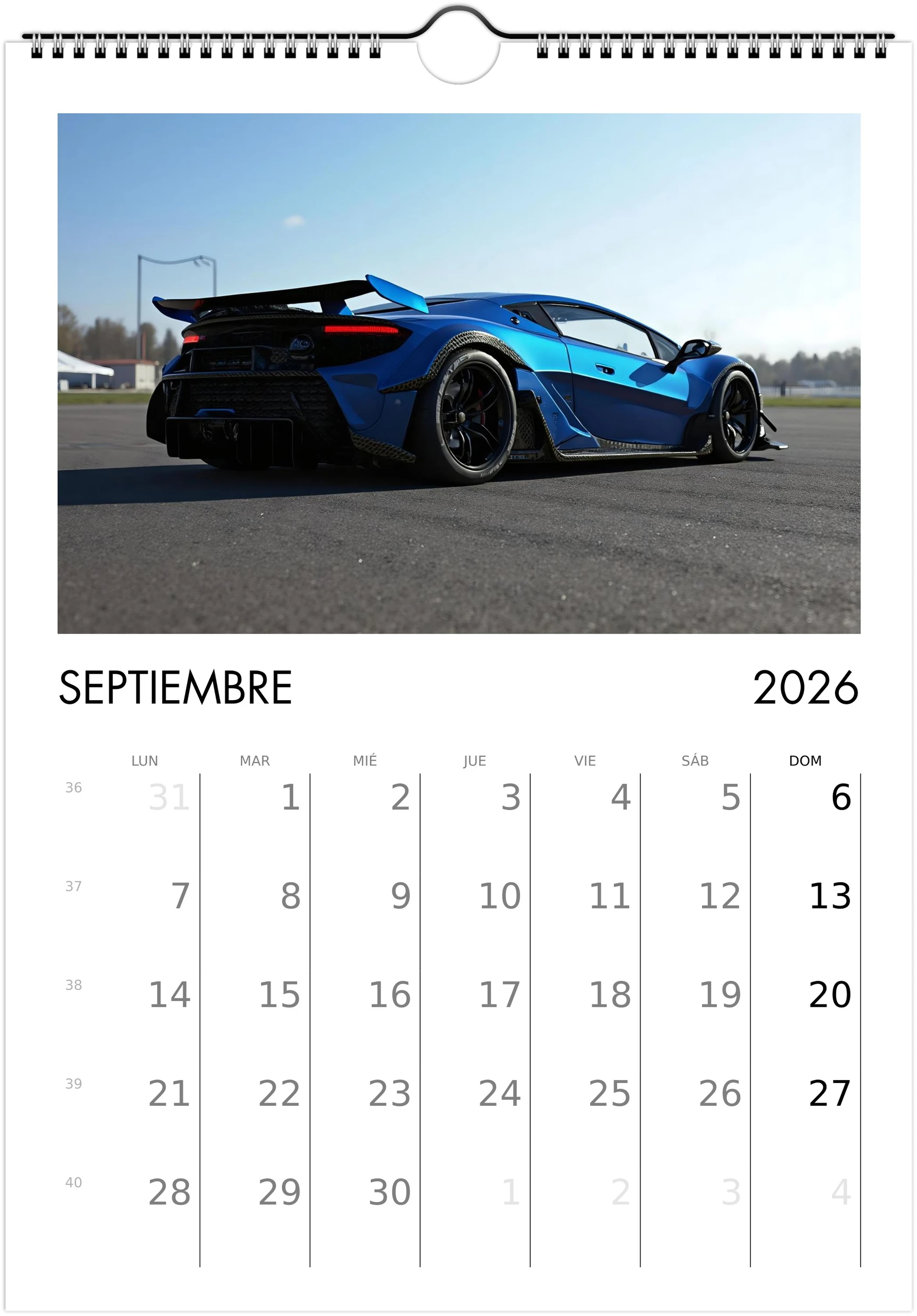 2026 Calendar | SPANISH | Sports and Futuristic Vehicles Race Car