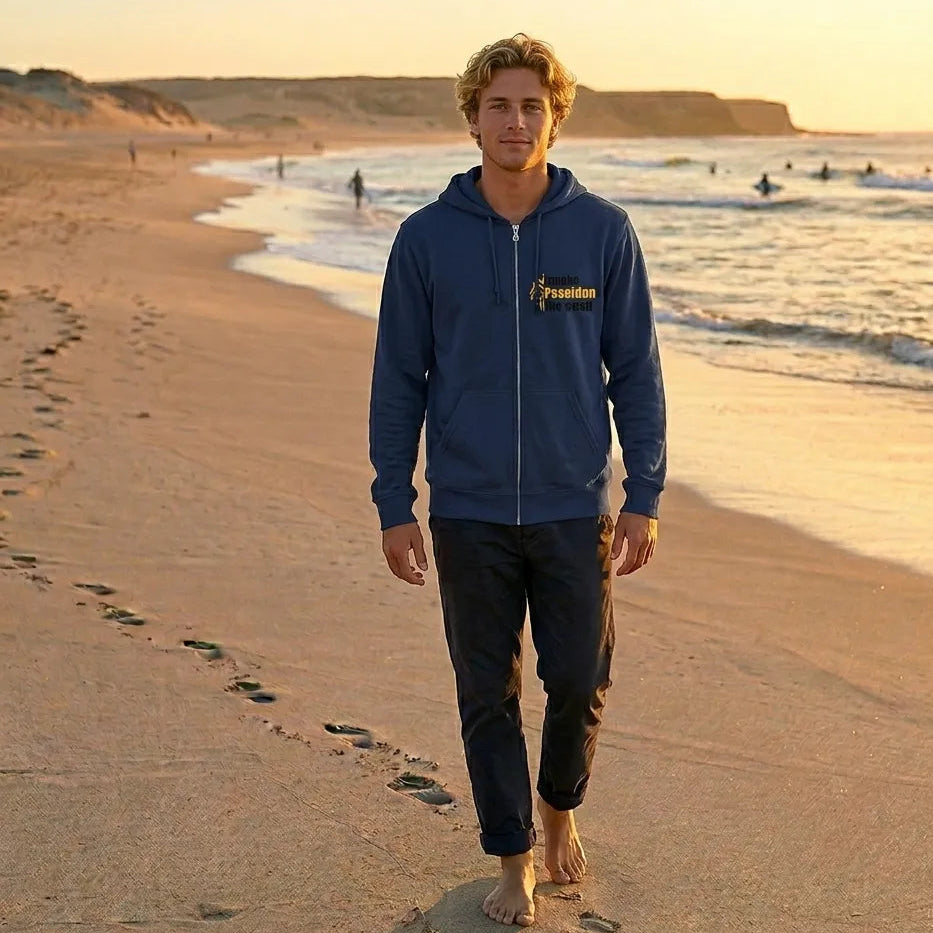 Unisex Zip-Up Hoodie Poseidon Surf Academy 🌊 | Organic Cotton and Recycled Polyester | Sustainable Surf Hoodie for Men and Women
